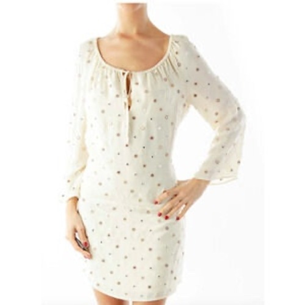 Haute Hippie 100% Silk Mirror Embroidered‎ Cream Mini Dress Women's Size Large